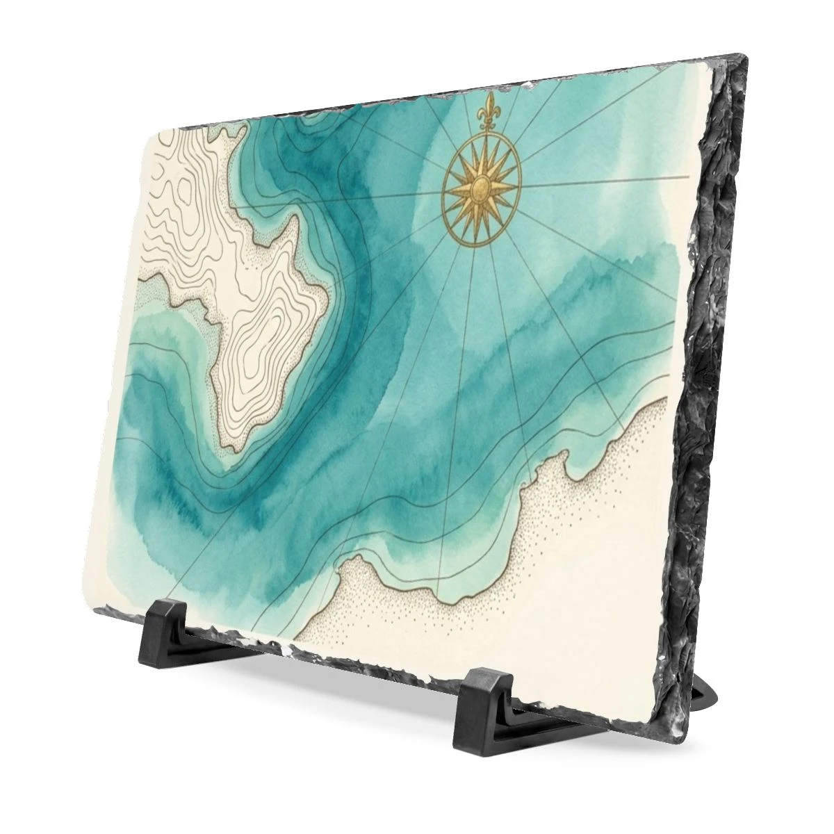 Coastal Harbor & Coordinates — Natural Chiseled Slate Plaque