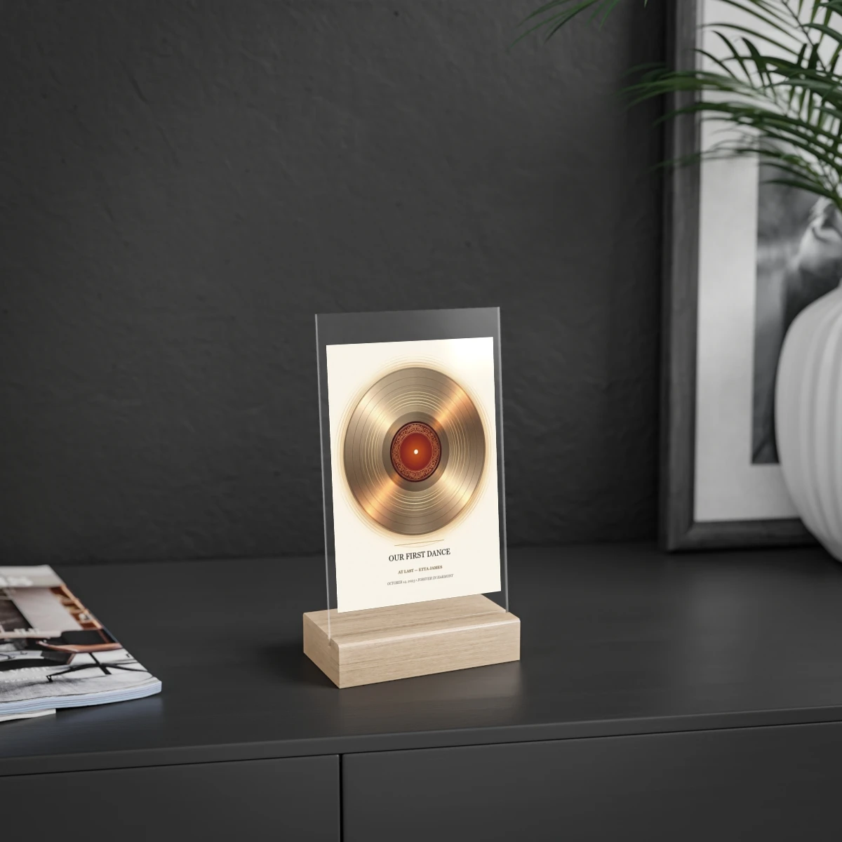 Voice & First Dance Plaque — Crystal Acrylic + Hardwood Stand
